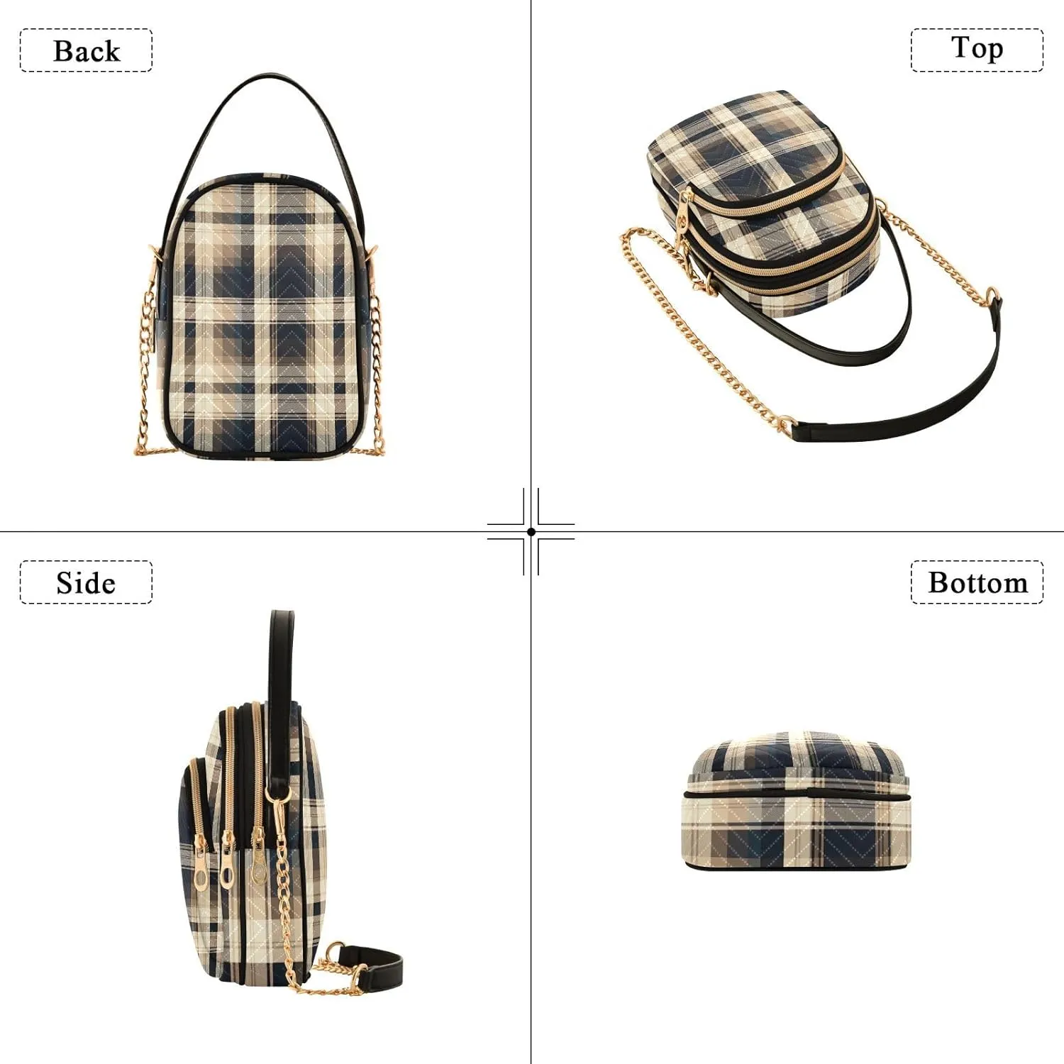 Black and Beige Plaid Handbag Crossbody with Removable Strap, Fashion Crossbody Bags for Women