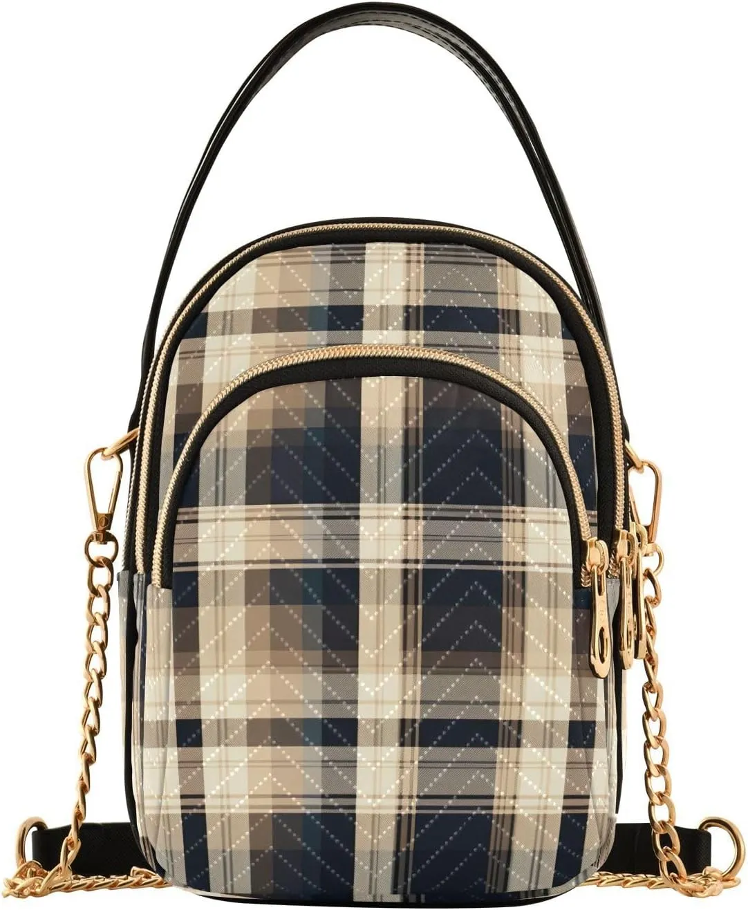 Black and Beige Plaid Handbag Crossbody with Removable Strap, Fashion Crossbody Bags for Women
