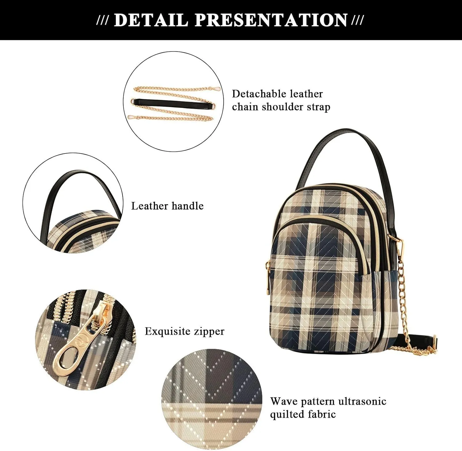 Black and Beige Plaid Handbag Crossbody with Removable Strap, Fashion Crossbody Bags for Women