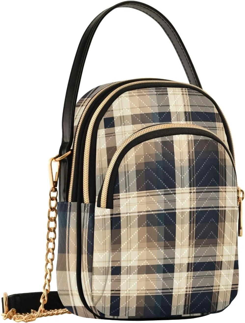 Black and Beige Plaid Handbag Crossbody with Removable Strap, Fashion Crossbody Bags for Women