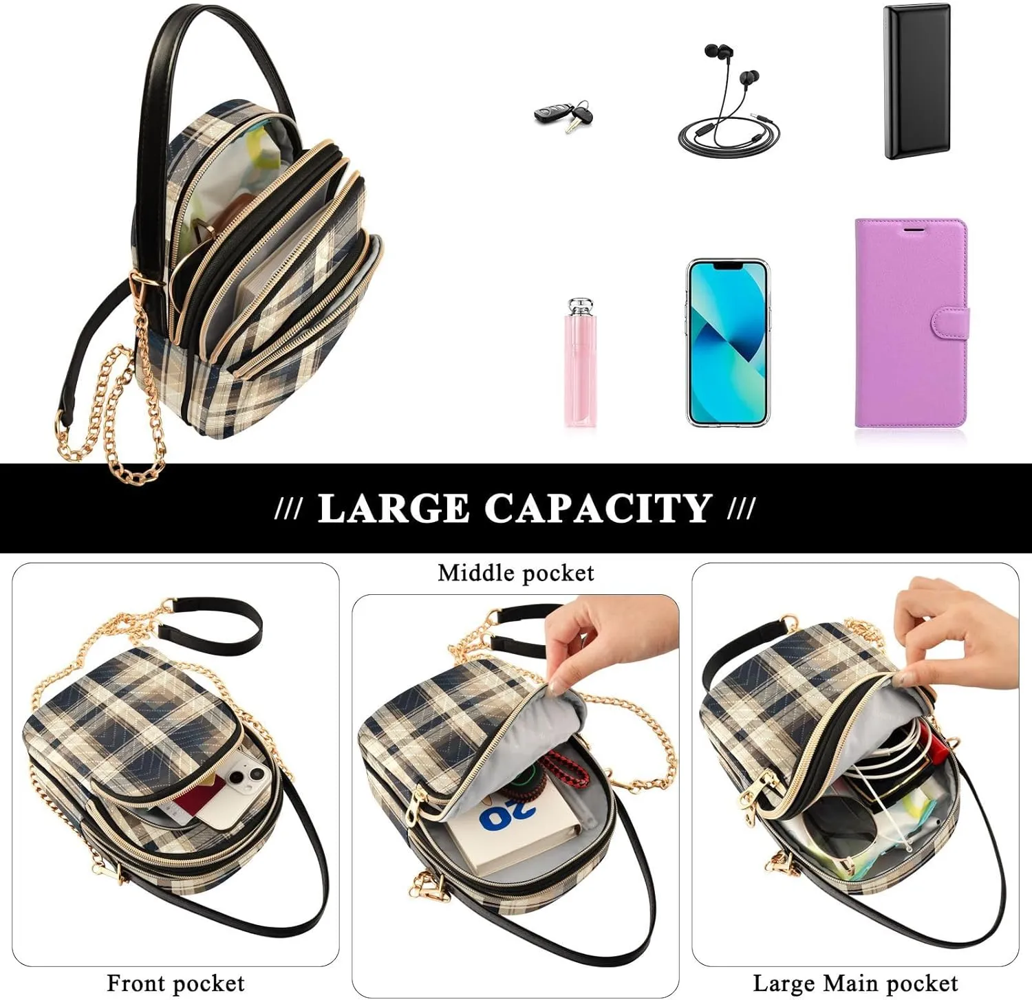 Black and Beige Plaid Handbag Crossbody with Removable Strap, Fashion Crossbody Bags for Women