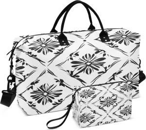 Black and White Symmetrical Flowers Travel Duffel Bag for Women Weekend Overnight Dag with Toiletry Bag, Luggage Bag for Travel, Sport, Gym