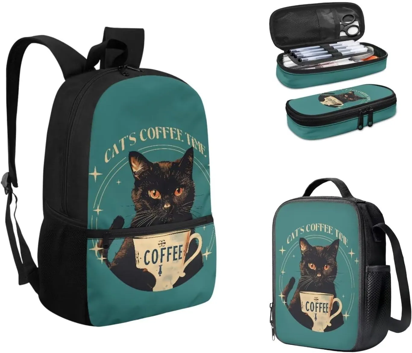 Black Cat Coffee Backpack Satchel for Kids Teen Large Capacity School Backpack with Lunch Bag Pencil Case Set Elementary School Bookbag Shoulder Bags Rucksack