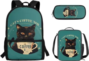 Black Cat Coffee Backpack Satchel for Kids Teen Large Capacity School Backpack with Lunch Bag Pencil Case Set Elementary School Bookbag Shoulder Bags Rucksack