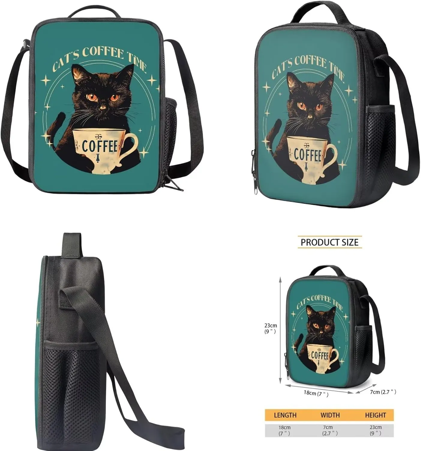 Black Cat Coffee Backpack Satchel for Kids Teen Large Capacity School Backpack with Lunch Bag Pencil Case Set Elementary School Bookbag Shoulder Bags Rucksack