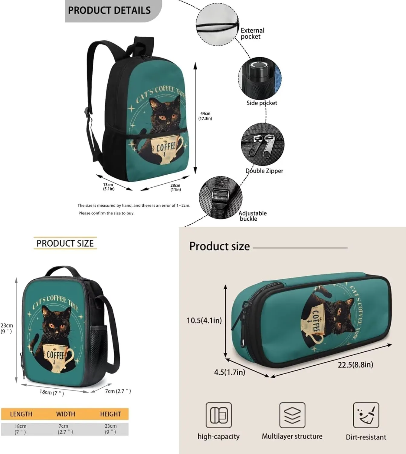 Black Cat Coffee Backpack Satchel for Kids Teen Large Capacity School Backpack with Lunch Bag Pencil Case Set Elementary School Bookbag Shoulder Bags Rucksack