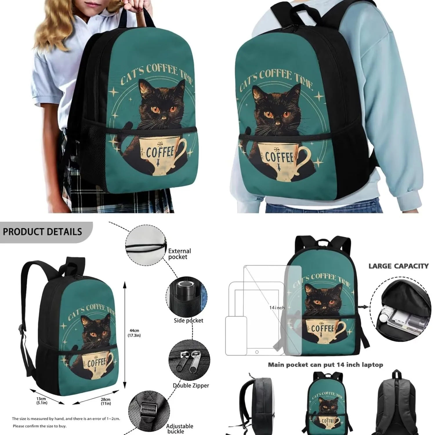 Black Cat Coffee Backpack Satchel for Kids Teen Large Capacity School Backpack with Lunch Bag Pencil Case Set Elementary School Bookbag Shoulder Bags Rucksack