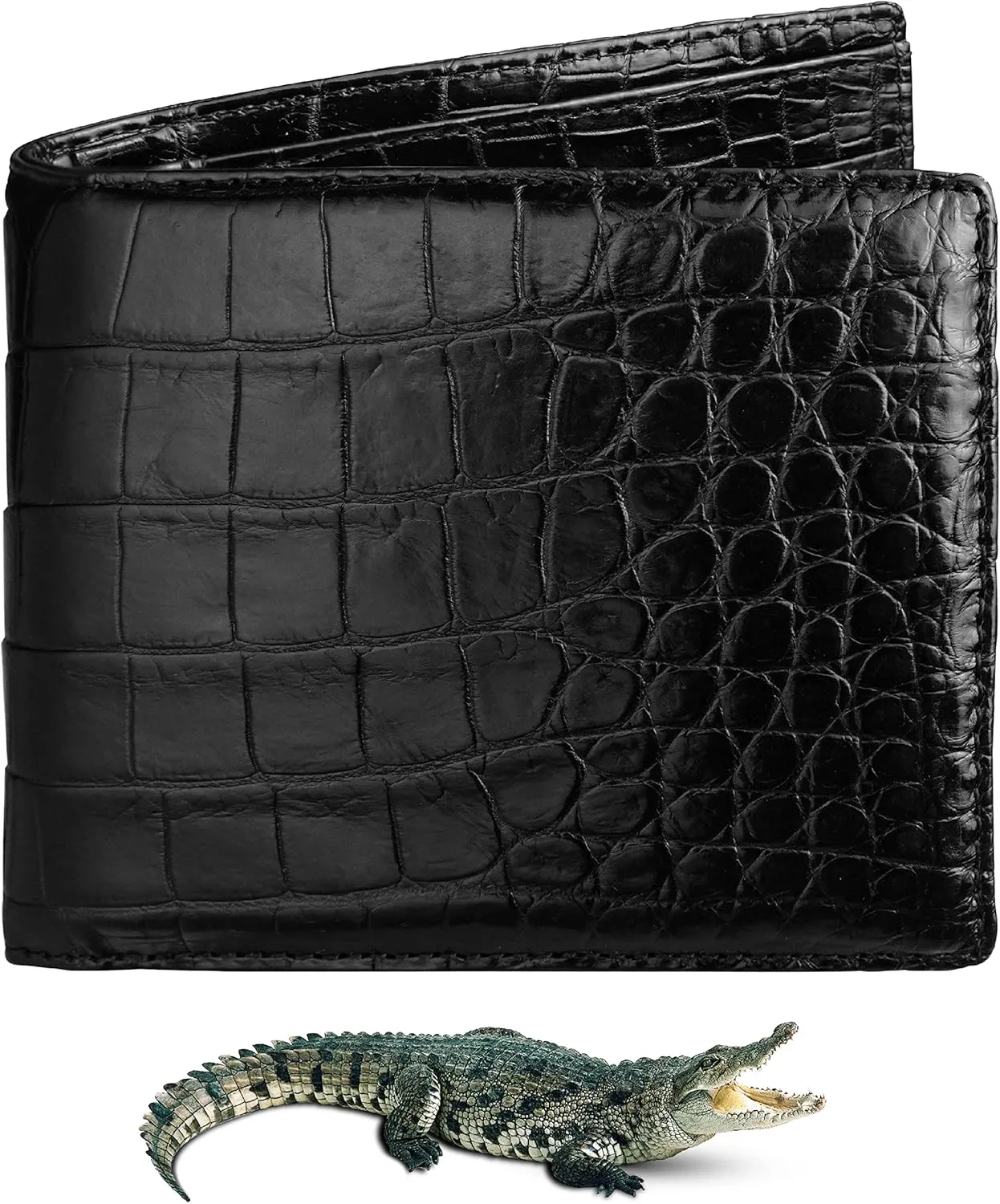 Black Mens Alligator Belly Leather Bifold Wallet Crocodile Passcase Wallet Multiple Front Pocket Holder RFID Blocking Security Handmade Exotic Leather With Large Capacity Gift Men VIBE-11
