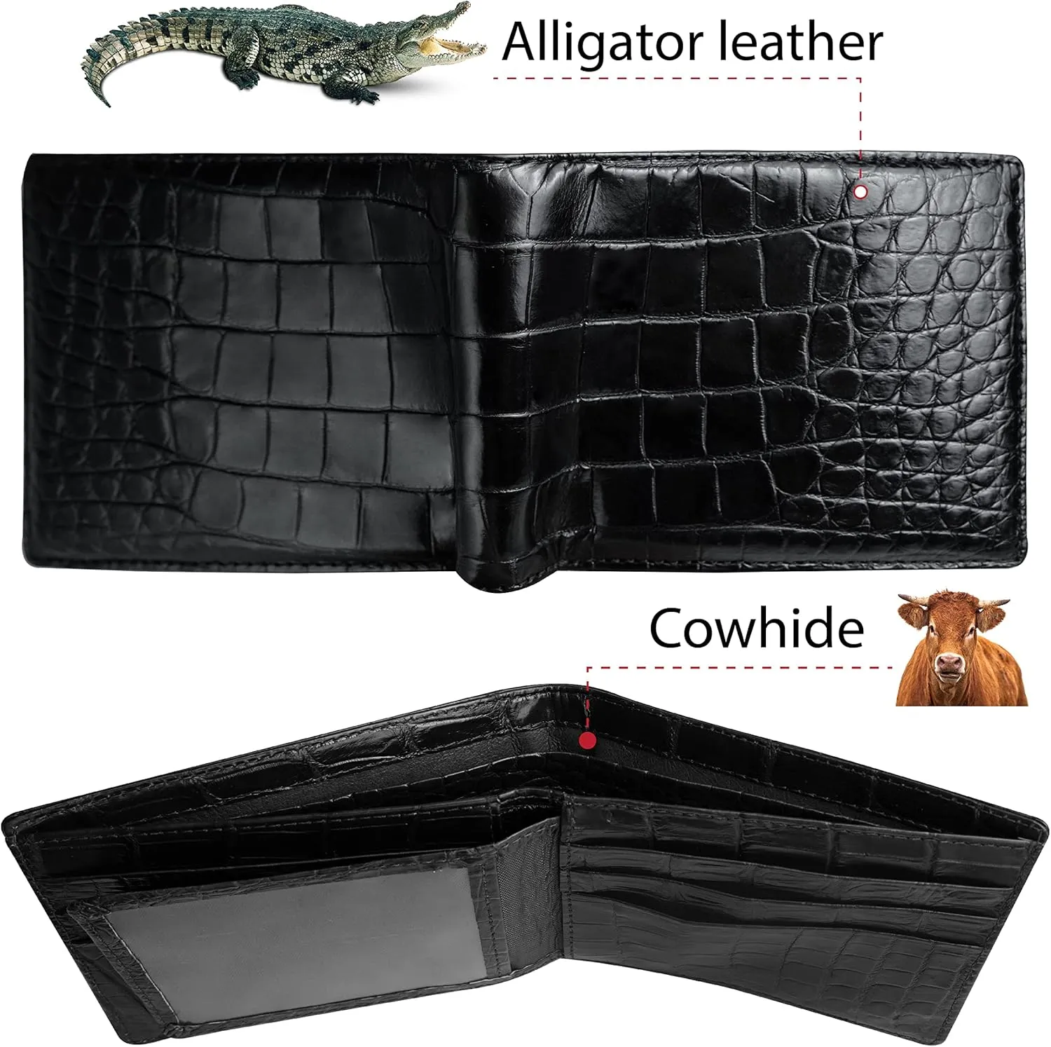 Black Mens Alligator Belly Leather Bifold Wallet Crocodile Passcase Wallet Multiple Front Pocket Holder RFID Blocking Security Handmade Exotic Leather With Large Capacity Gift Men VIBE-11