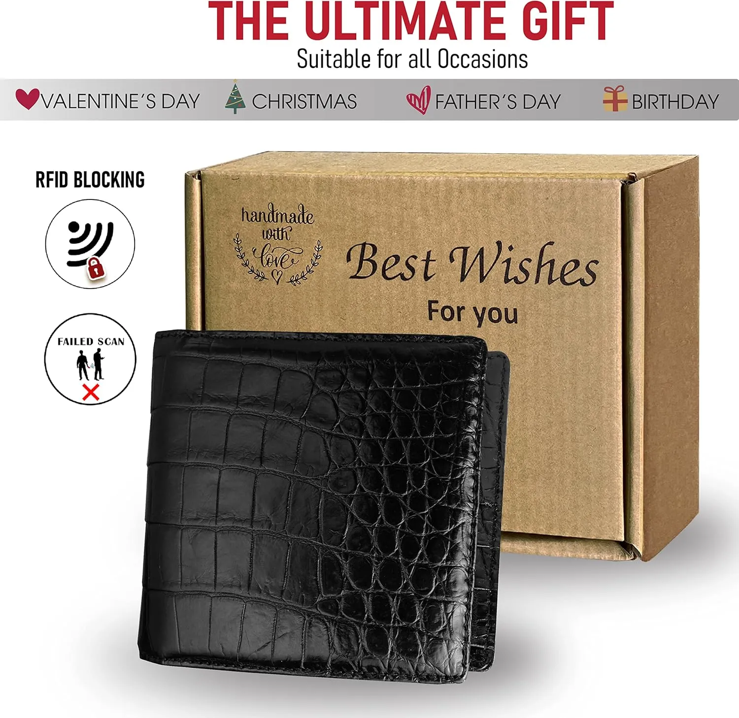 Black Mens Alligator Belly Leather Bifold Wallet Crocodile Passcase Wallet Multiple Front Pocket Holder RFID Blocking Security Handmade Exotic Leather With Large Capacity Gift Men VIBE-11