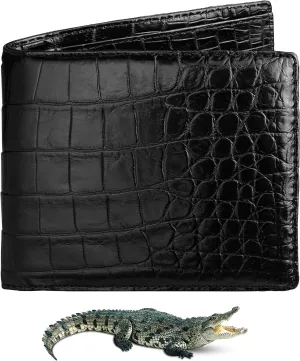 Black Mens Alligator Belly Leather Bifold Wallet Crocodile Passcase Wallet Multiple Front Pocket Holder RFID Blocking Security Handmade Exotic Leather With Large Capacity Gift Men VIBE-11