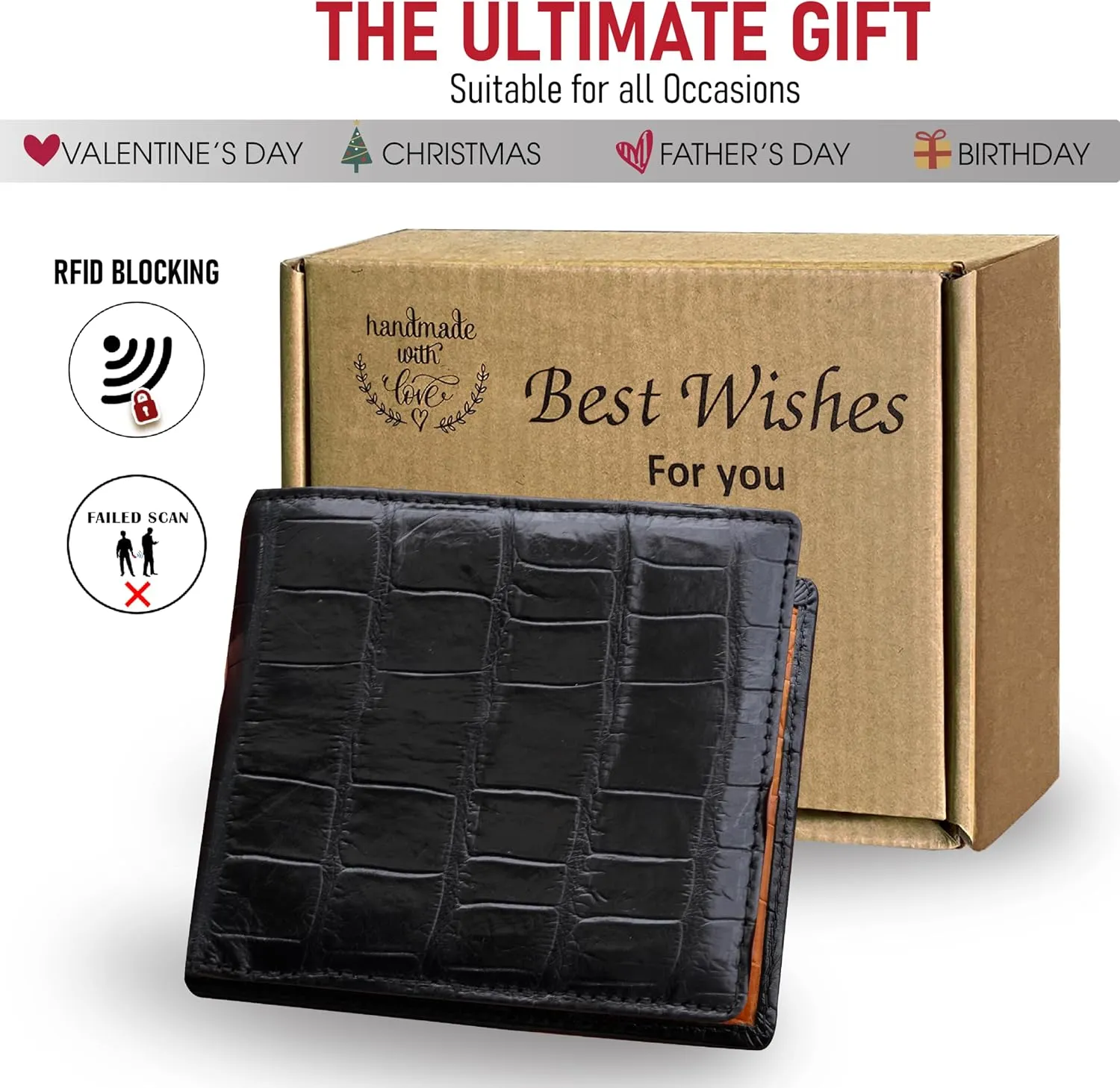 Black Orange Mens Alligator Belly Leather Bifold Wallet Crocodile Passcase Slim Wallet Multiple Front Pocket Holder RFID Blocking Security Handmade Exotic Leather With Large Capacity Gift Men VILE-14