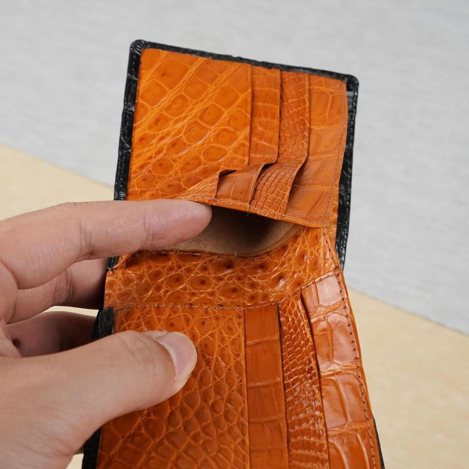 Black Orange Mens Alligator Belly Leather Bifold Wallet Crocodile Passcase Slim Wallet Multiple Front Pocket Holder RFID Blocking Security Handmade Exotic Leather With Large Capacity Gift Men VILE-14