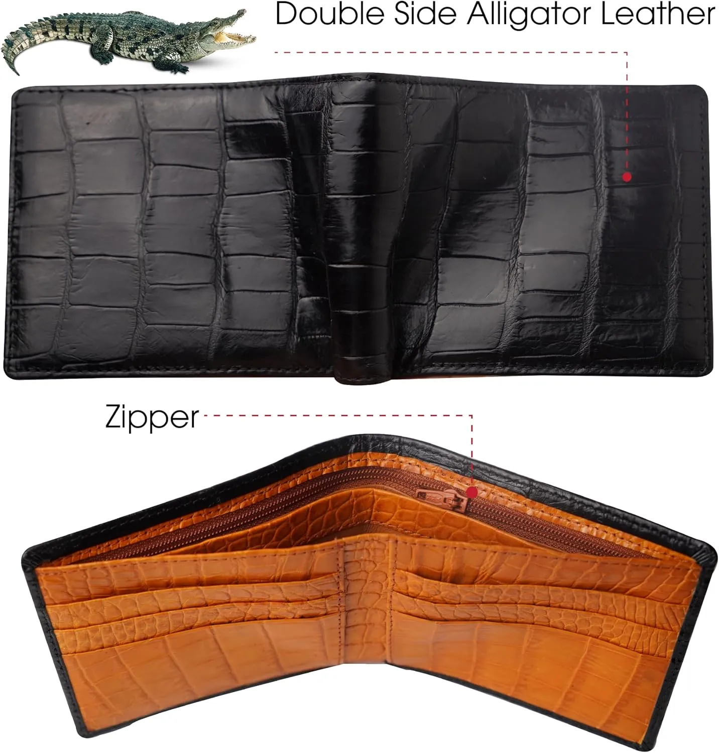 Black Orange Mens Alligator Belly Leather Bifold Wallet Crocodile Passcase Slim Wallet Multiple Front Pocket Holder RFID Blocking Security Handmade Exotic Leather With Large Capacity Gift Men VILE-14