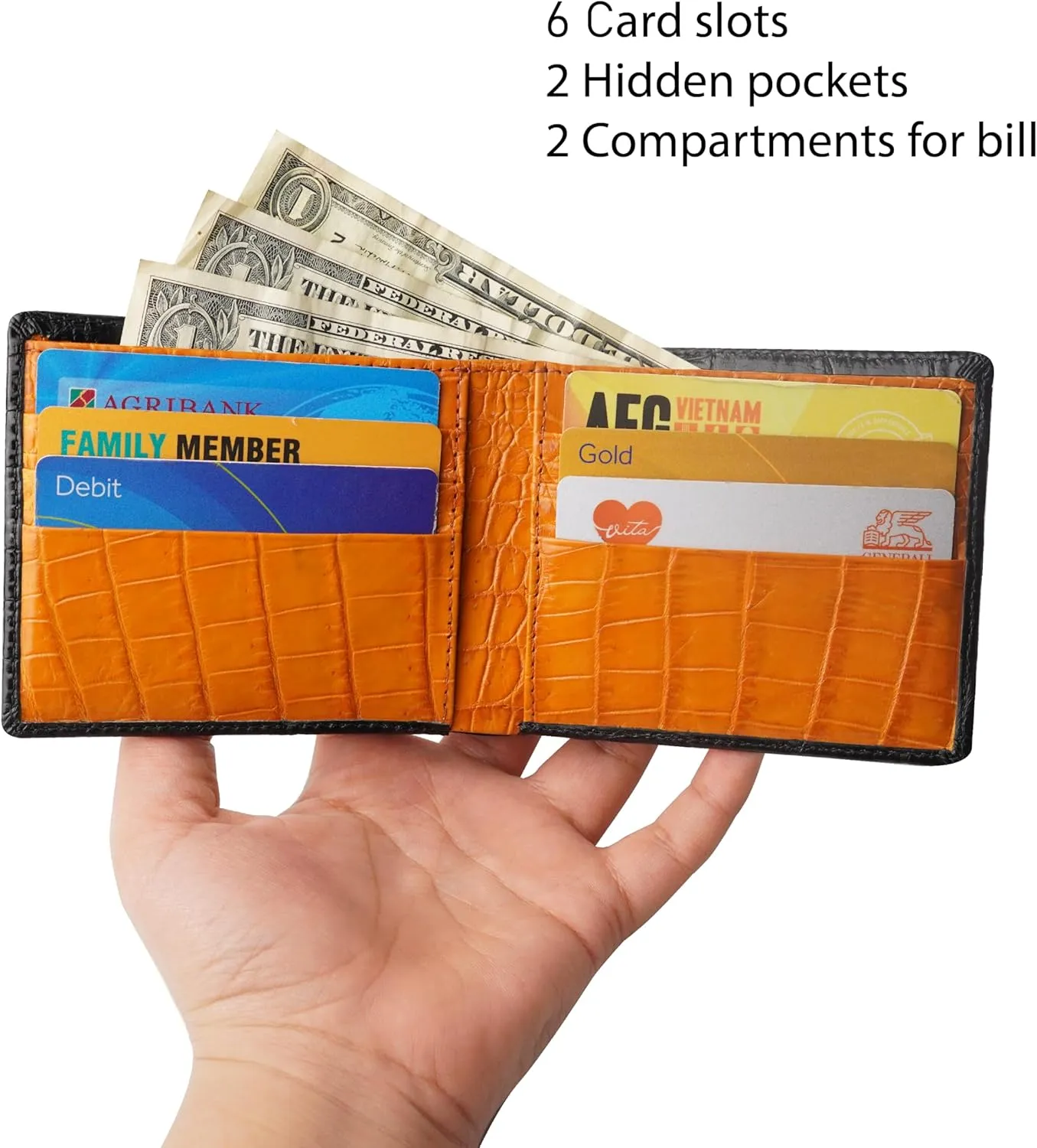 Black Orange Mens Alligator Belly Leather Bifold Wallet Crocodile Passcase Slim Wallet Multiple Front Pocket Holder RFID Blocking Security Handmade Exotic Leather With Large Capacity Gift Men VILE-14