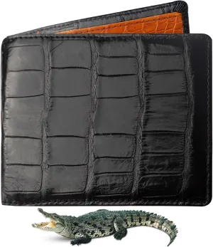 Black Orange Mens Alligator Belly Leather Bifold Wallet Crocodile Passcase Slim Wallet Multiple Front Pocket Holder RFID Blocking Security Handmade Exotic Leather With Large Capacity Gift Men VILE-14