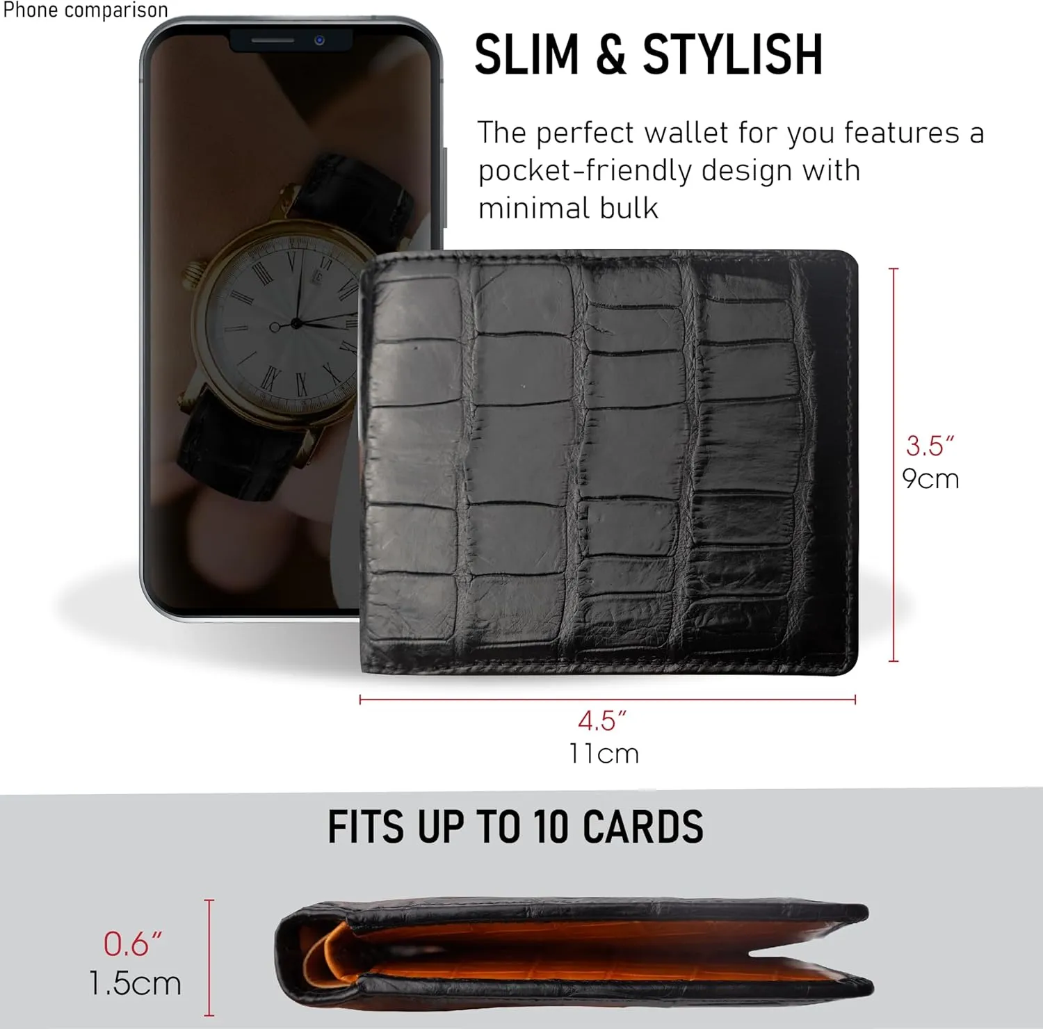 Black Orange Mens Alligator Belly Leather Bifold Wallet Crocodile Passcase Slim Wallet Multiple Front Pocket Holder RFID Blocking Security Handmade Exotic Leather With Large Capacity Gift Men VILE-14