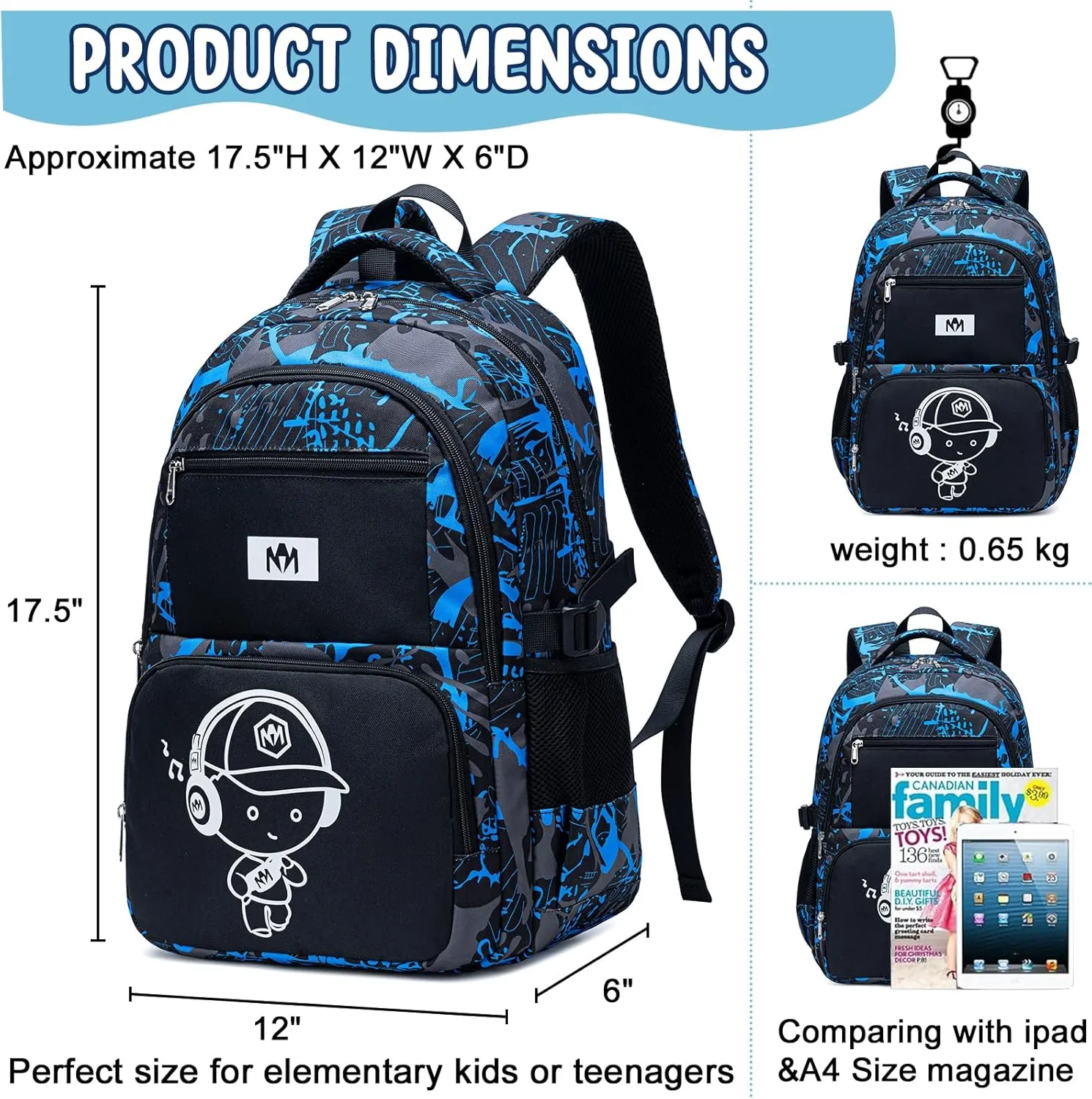 Bluboon Kids Backpack Boys Camo Bookbag Teens Elementary School Bag Daypack Travel Back Pack Middle school (Boy-doodle 2pcs)