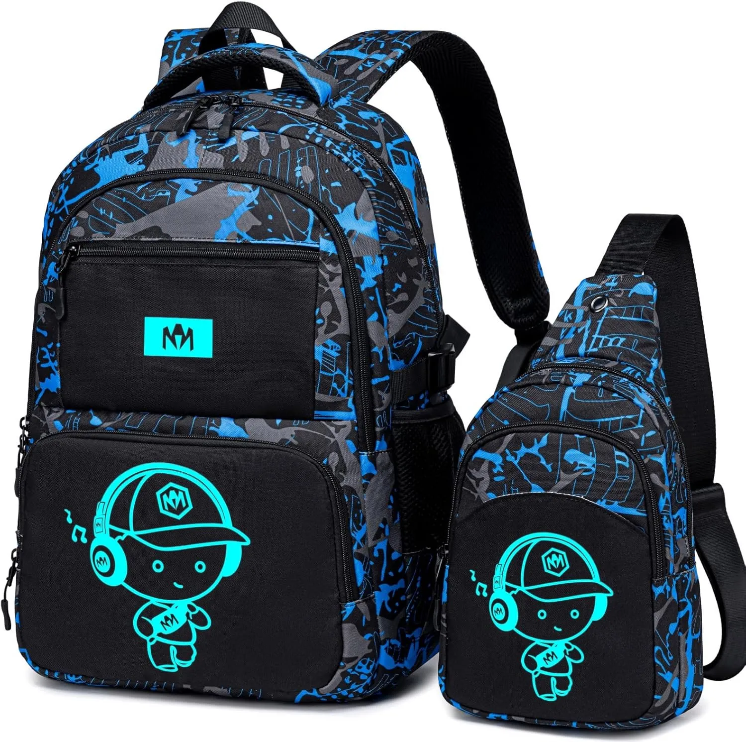 Bluboon Kids Backpack Boys Camo Bookbag Teens Elementary School Bag Daypack Travel Back Pack Middle school (Boy-doodle 2pcs)