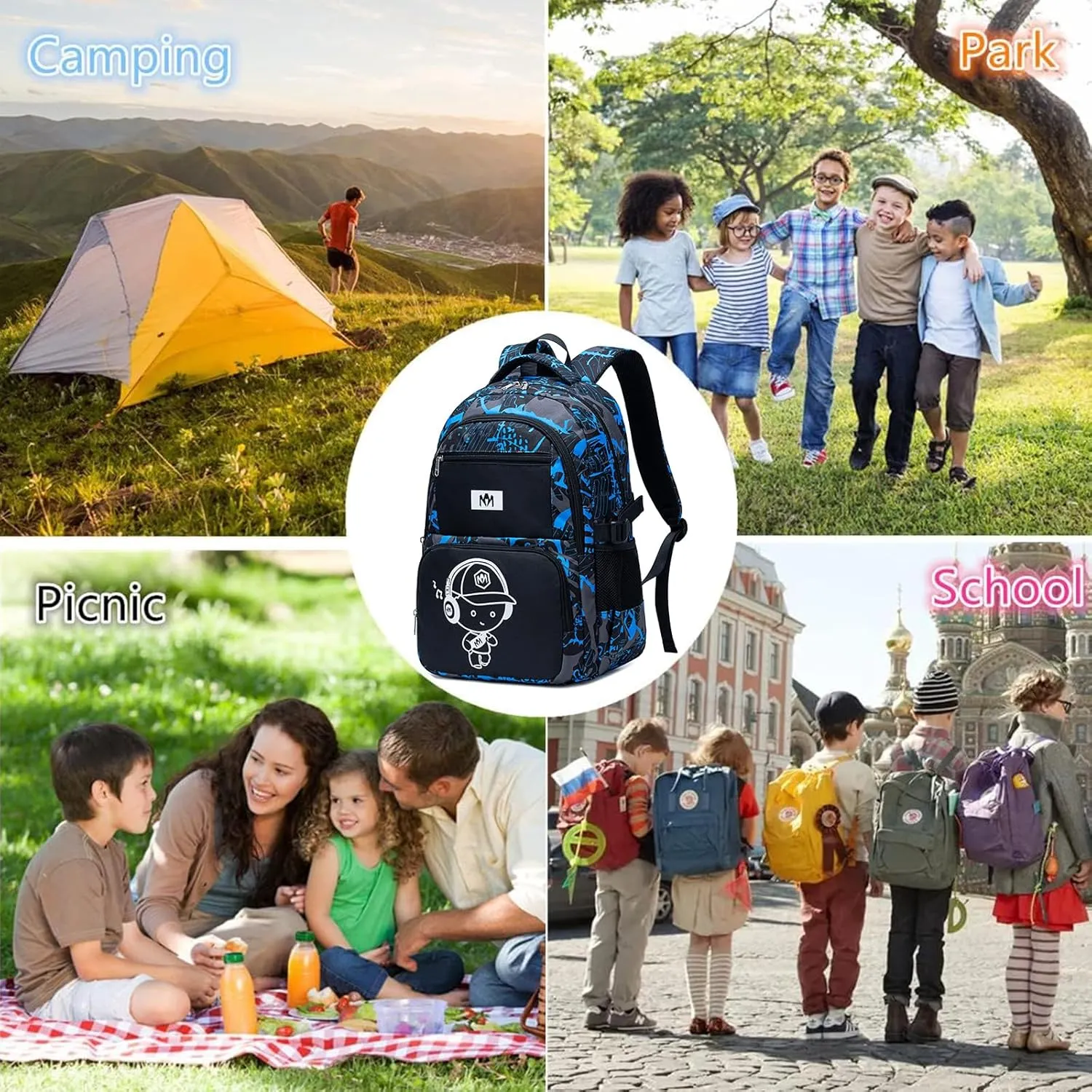 Bluboon Kids Backpack Boys Camo Bookbag Teens Elementary School Bag Daypack Travel Back Pack Middle school (Boy-doodle 2pcs)
