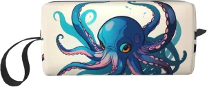 Blue and purple Octopus print Multi-Purpose Cosmetic Bag with Zipper Canvas Makeup Bag, Travel Toiletry Pouch, Pencil Bag