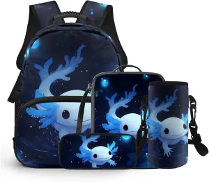 Blue Axolotl Backpack for Little Boys 15 Inch School Bag for Kids Lightweight 4 Pieces Bookbag for Boys Ages 3-6 for Preschool and Primary Travel Daypack