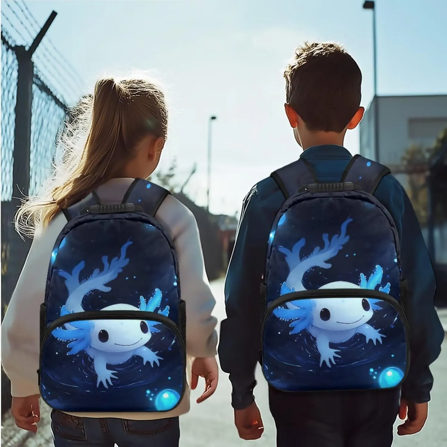 Blue Axolotl Backpack for Little Boys 15 Inch School Bag for Kids Lightweight 4 Pieces Bookbag for Boys Ages 3-6 for Preschool and Primary Travel Daypack