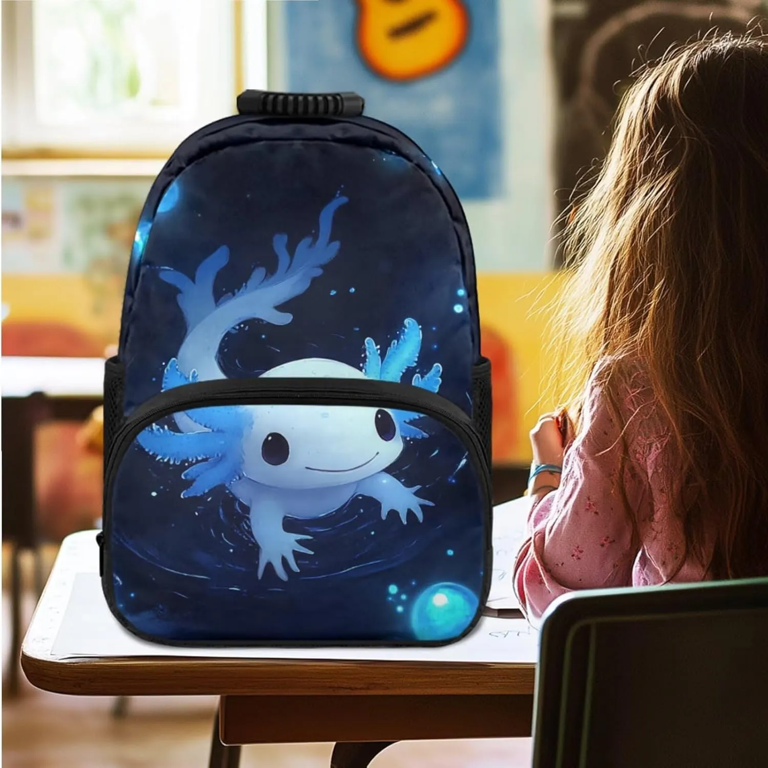Blue Axolotl Backpack for Little Boys 15 Inch School Bag for Kids Lightweight 4 Pieces Bookbag for Boys Ages 3-6 for Preschool and Primary Travel Daypack