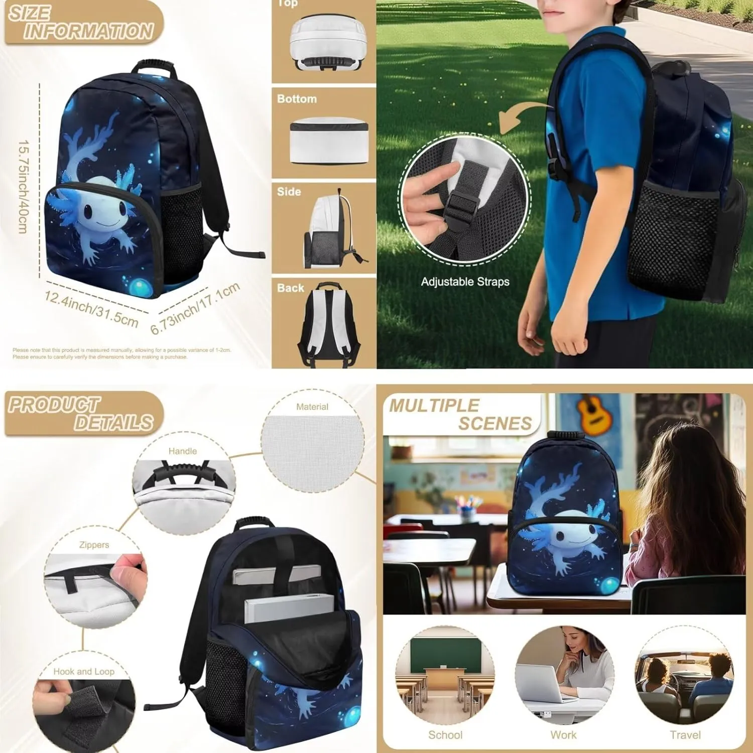 Blue Axolotl Backpack for Little Boys 15 Inch School Bag for Kids Lightweight 4 Pieces Bookbag for Boys Ages 3-6 for Preschool and Primary Travel Daypack