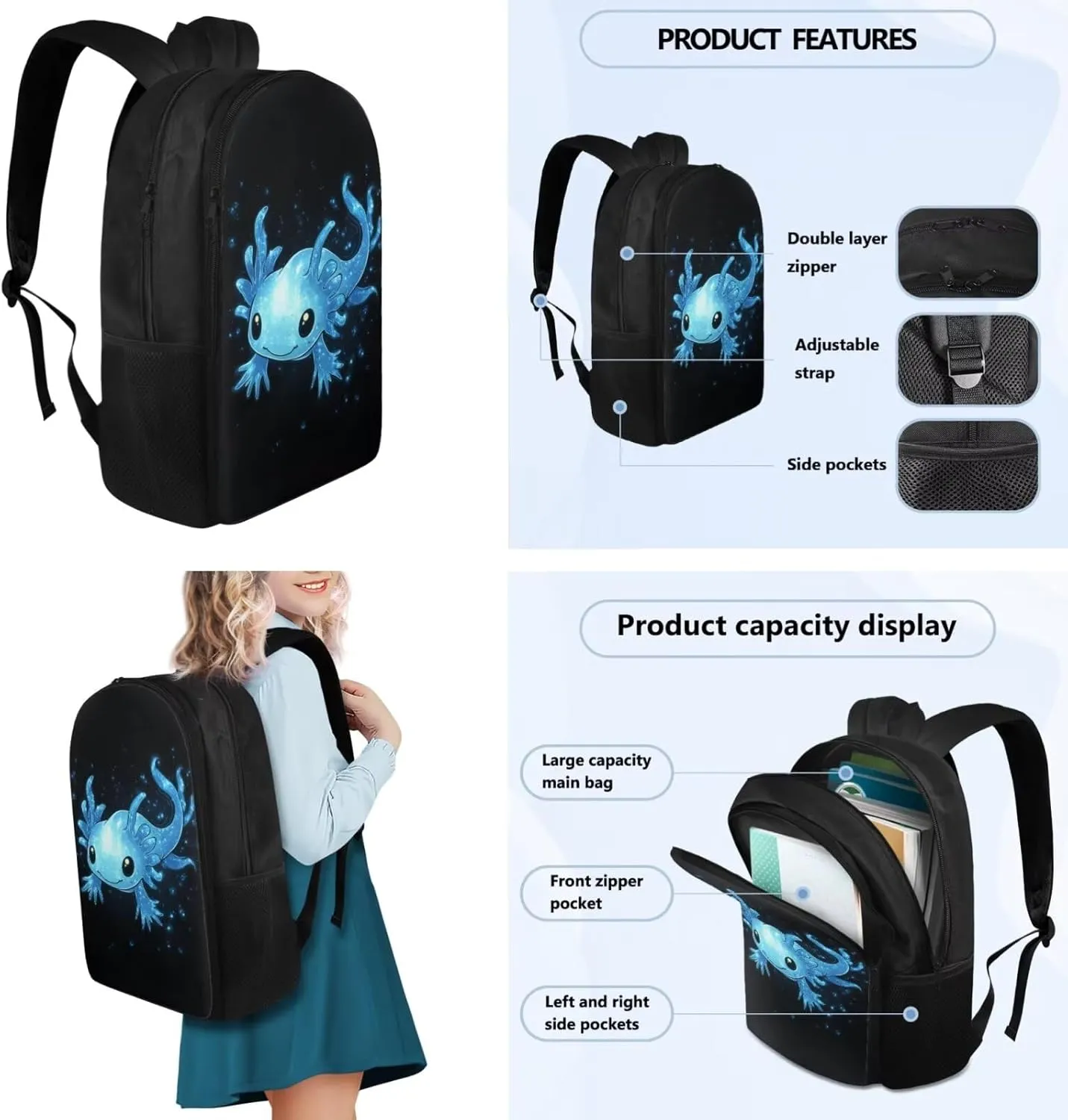 Blue Axolotl Bookbags for Boys Cute Backpacks for School Preppy 4 in 1 Backpack Set with Lunch Box Pencil Case and Bookmark Lightweight Dirt-Resistant School Bag with Side Pockets