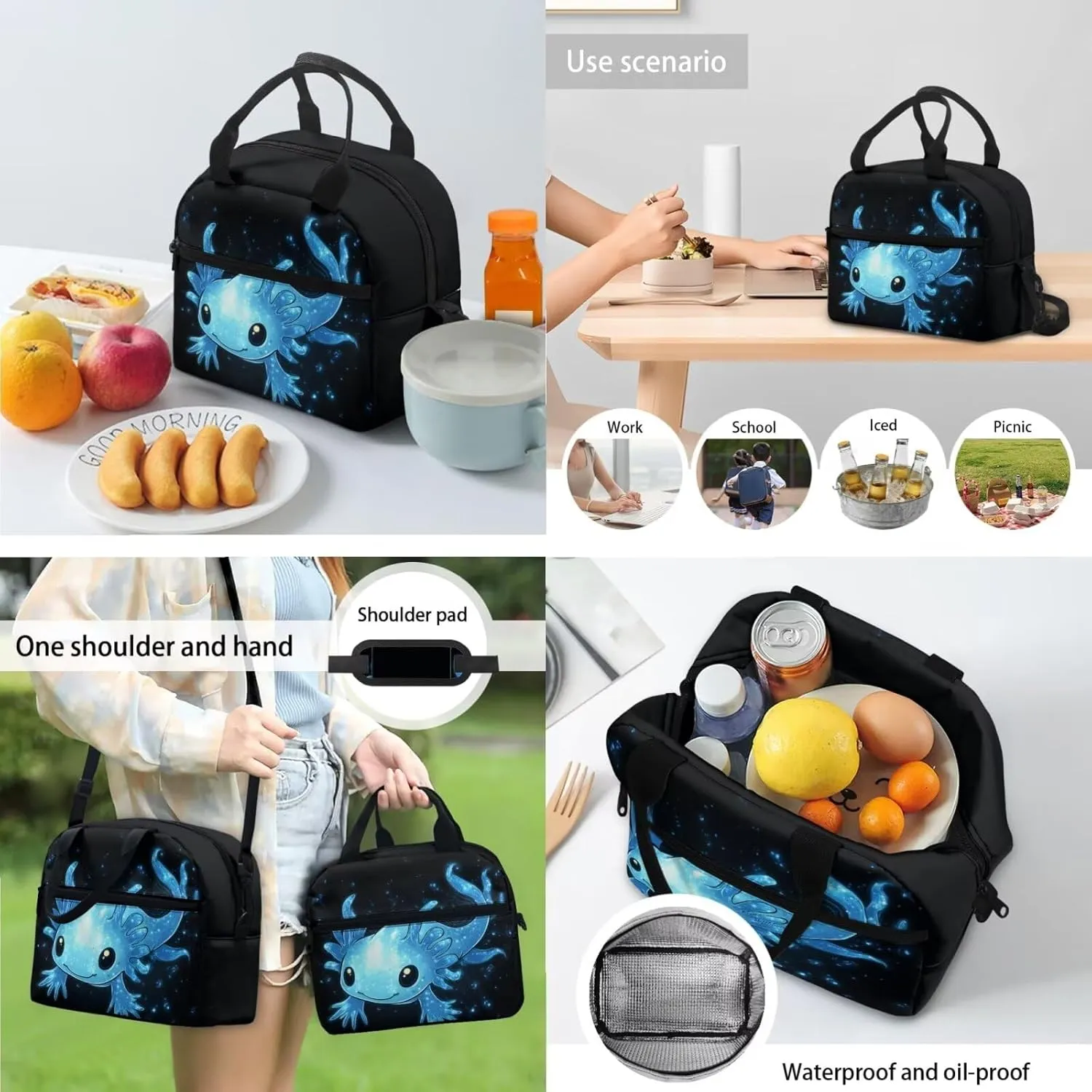 Blue Axolotl Bookbags for Boys Cute Backpacks for School Preppy 4 in 1 Backpack Set with Lunch Box Pencil Case and Bookmark Lightweight Dirt-Resistant School Bag with Side Pockets