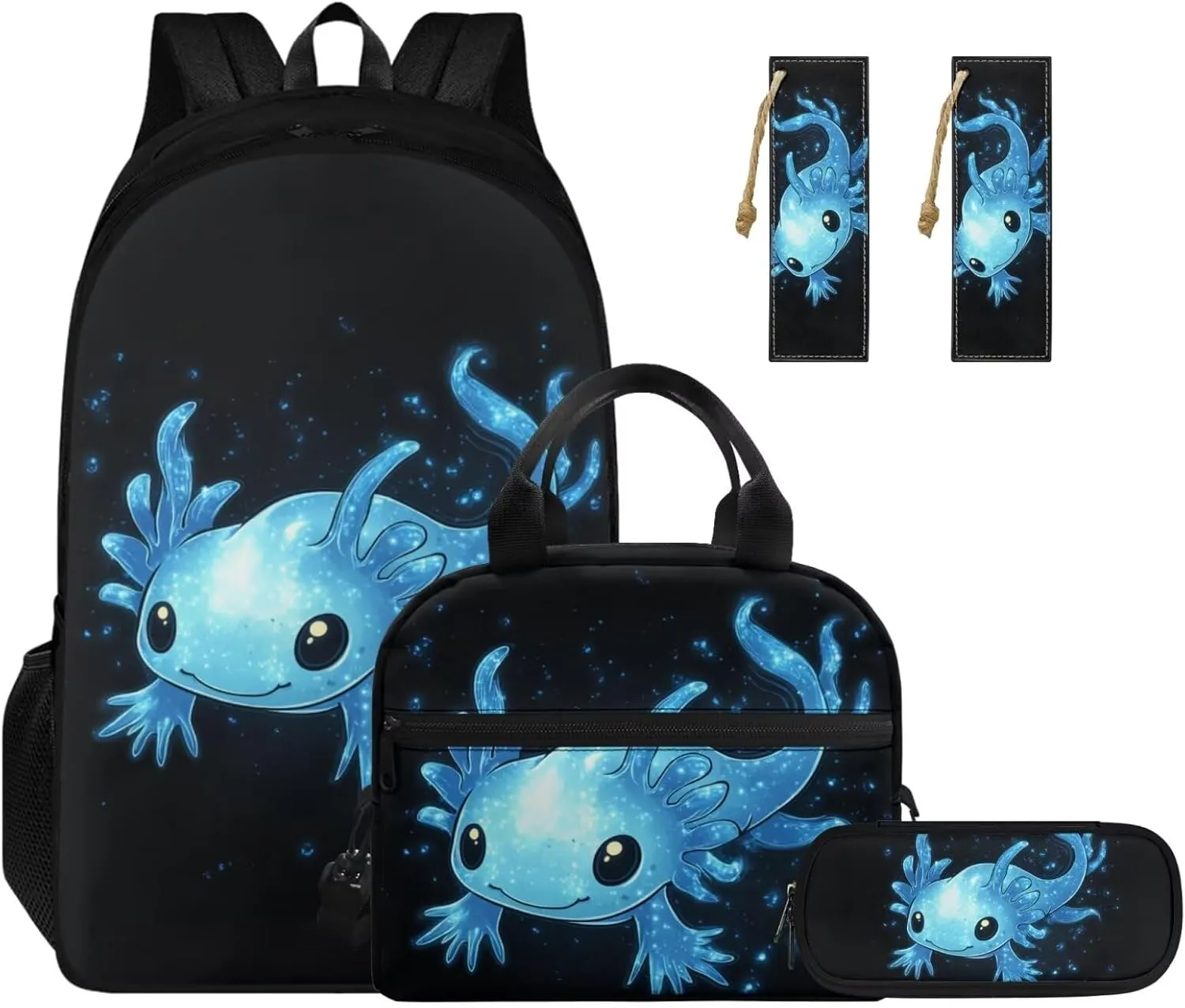 Blue Axolotl Bookbags for Boys Cute Backpacks for School Preppy 4 in 1 Backpack Set with Lunch Box Pencil Case and Bookmark Lightweight Dirt-Resistant School Bag with Side Pockets