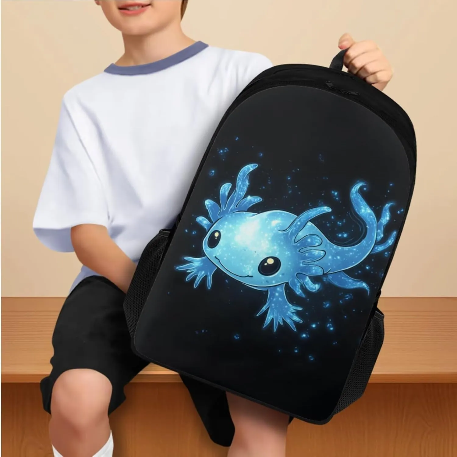 Blue Axolotl Bookbags for Boys Cute Backpacks for School Preppy 4 in 1 Backpack Set with Lunch Box Pencil Case and Bookmark Lightweight Dirt-Resistant School Bag with Side Pockets