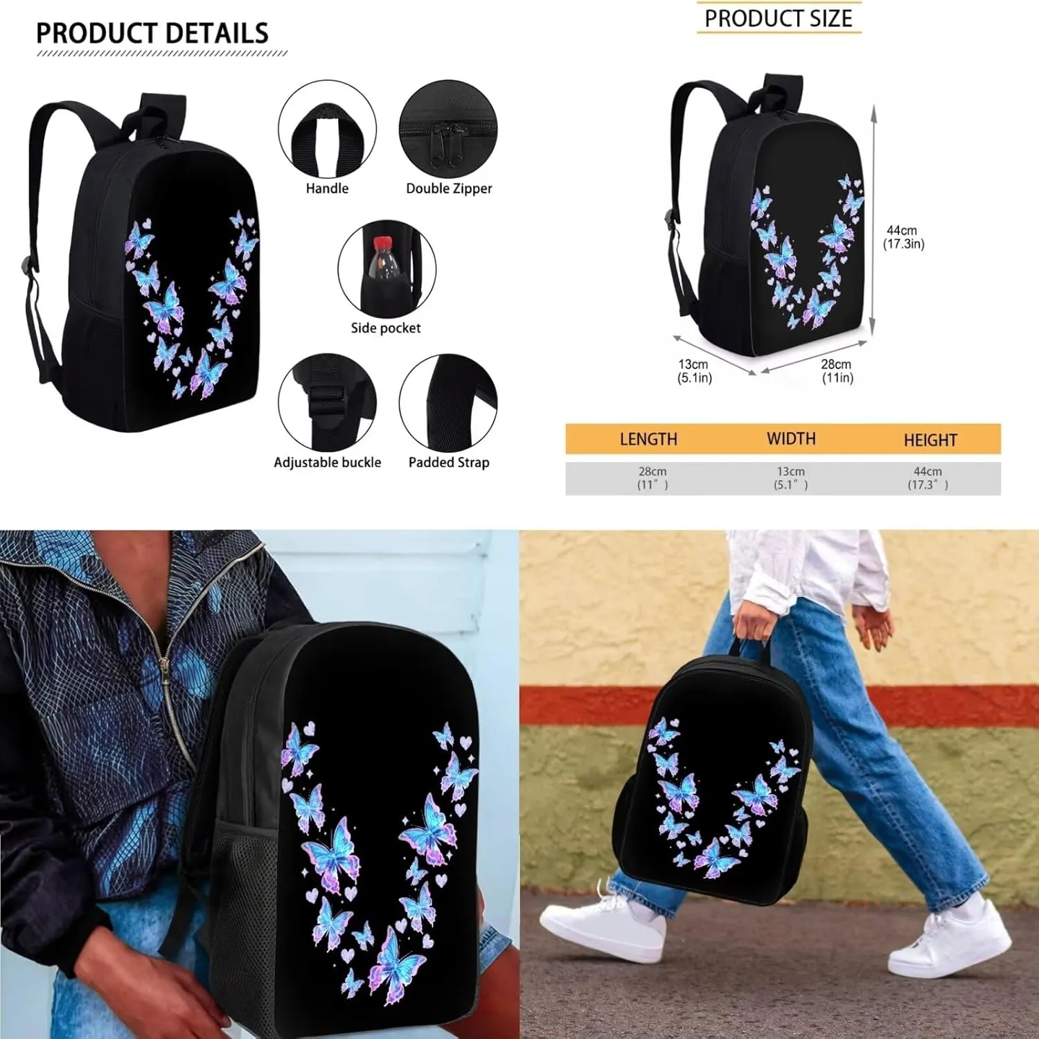 Blue Butterfly Kids Travel Bags Sets Girls Bookbag with Lunch Box School Backpack for High School Food Container Organizer Bento Box Lunch Bag Lightweight Pencil Box