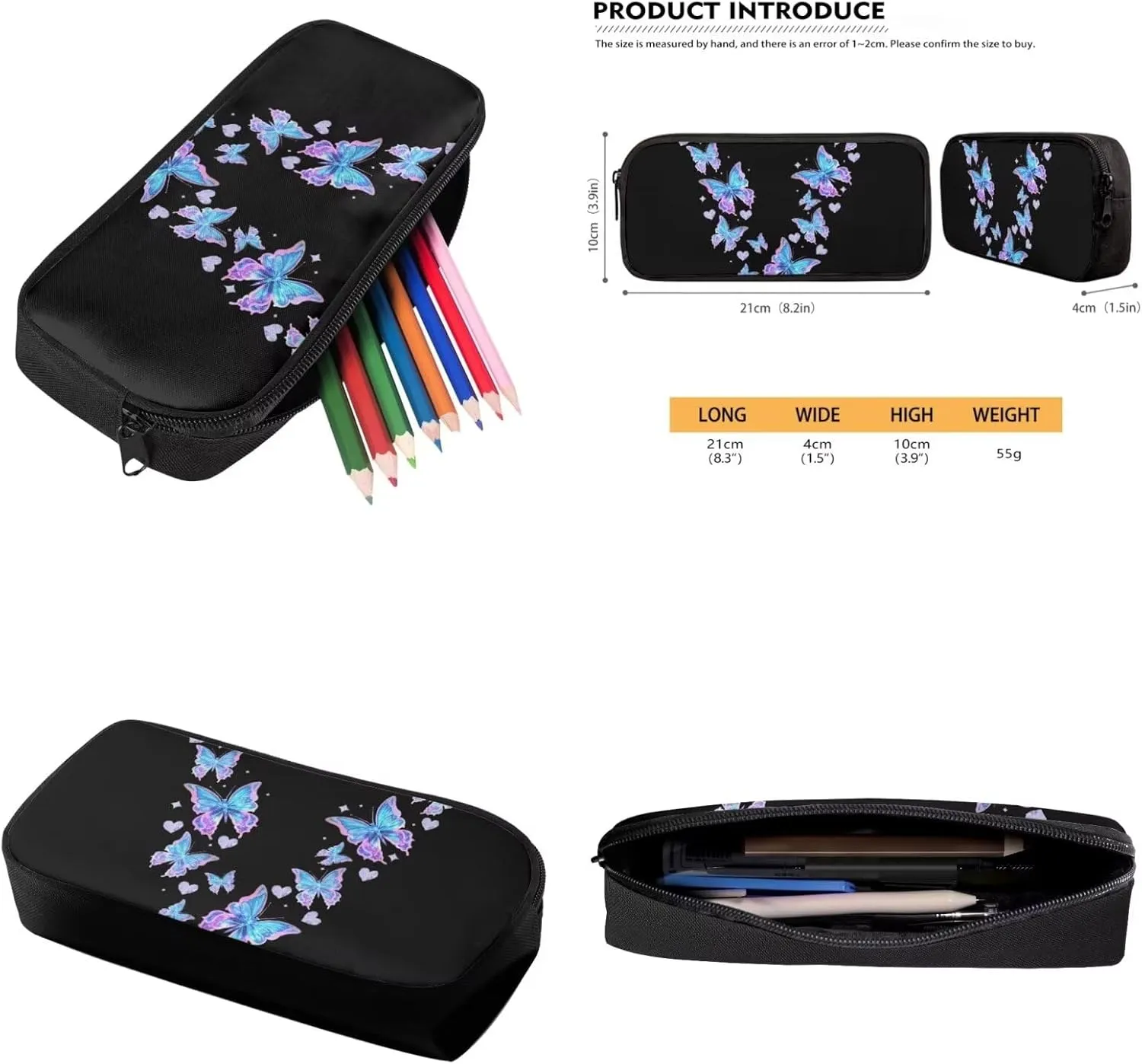 Blue Butterfly Kids Travel Bags Sets Girls Bookbag with Lunch Box School Backpack for High School Food Container Organizer Bento Box Lunch Bag Lightweight Pencil Box