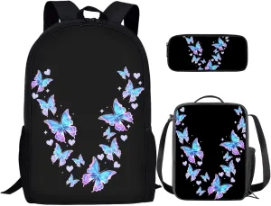 Blue Butterfly Kids Travel Bags Sets Girls Bookbag with Lunch Box School Backpack for High School Food Container Organizer Bento Box Lunch Bag Lightweight Pencil Box