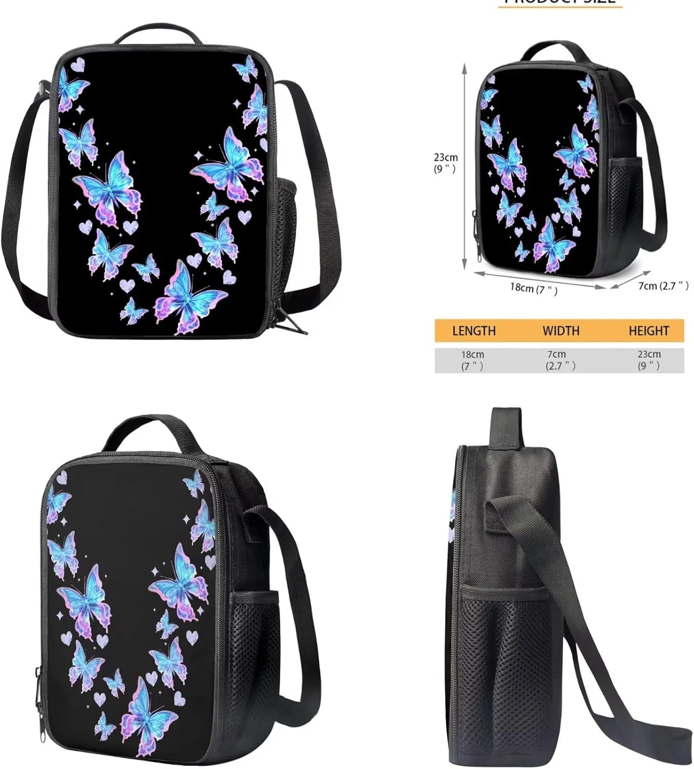Blue Butterfly Kids Travel Bags Sets Girls Bookbag with Lunch Box School Backpack for High School Food Container Organizer Bento Box Lunch Bag Lightweight Pencil Box
