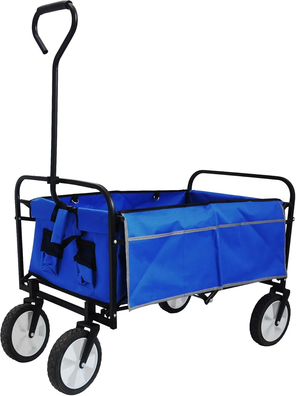 Blue Folding Wagon Garden Cart – Heavy Duty Utility Beach Cart with Large Storage, 150 lbs Capacity, Easy Folding, Reflective Safety, Side Pockets, Camping, and Outdoor Activities