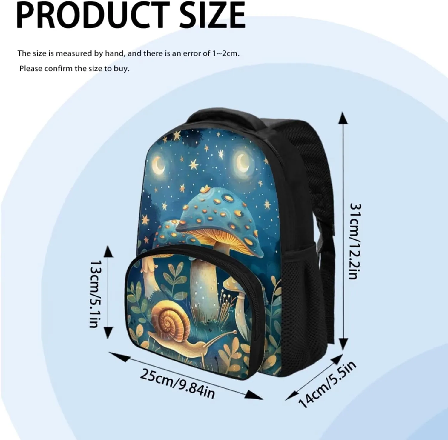Blue Mushroom Snail Print Backpack Lunchbox Combo toddler 12 Inch Multi-Pockets tote Bag for School Waterproof Keep Warm Lunch Backpack and Pencil Case for Student Picnic Work