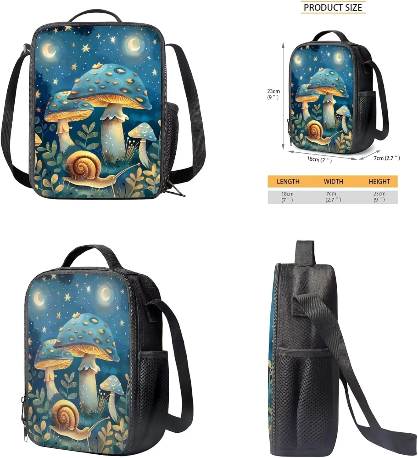 Blue Mushroom Snail Print Backpack Lunchbox Combo toddler 12 Inch Multi-Pockets tote Bag for School Waterproof Keep Warm Lunch Backpack and Pencil Case for Student Picnic Work