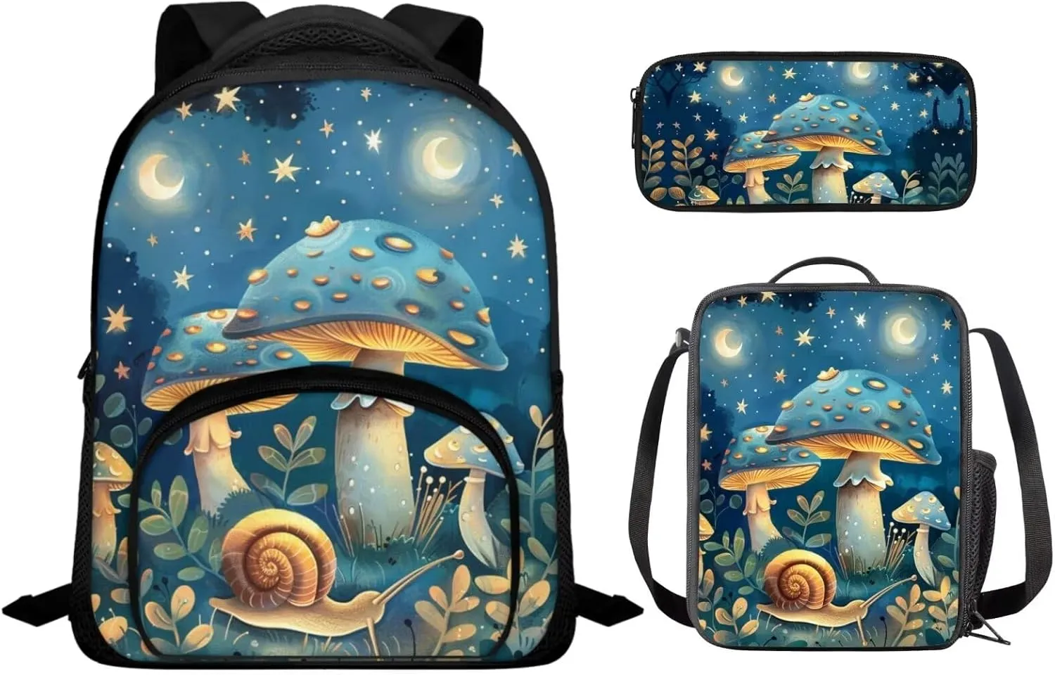 Blue Mushroom Snail Print Backpack Lunchbox Combo toddler 12 Inch Multi-Pockets tote Bag for School Waterproof Keep Warm Lunch Backpack and Pencil Case for Student Picnic Work