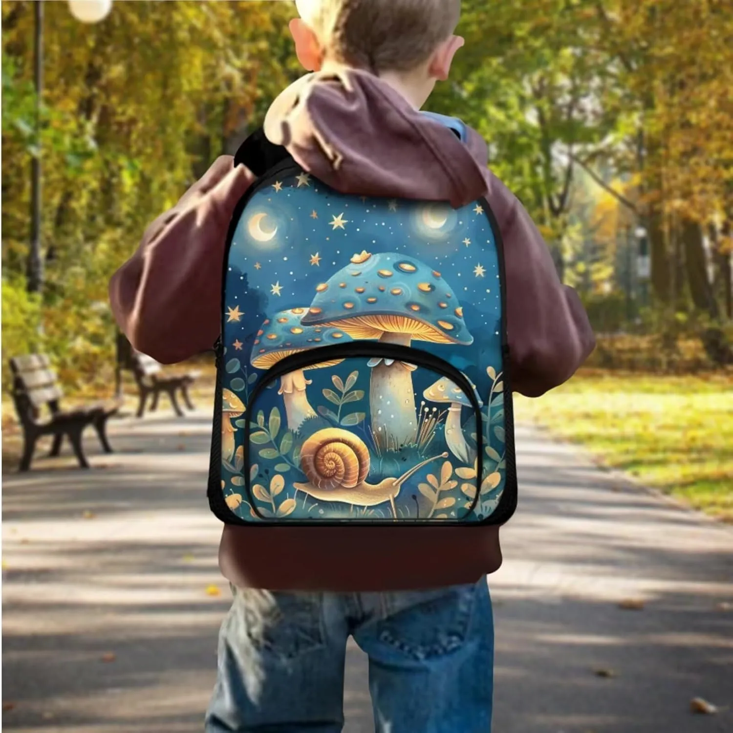 Blue Mushroom Snail Print Backpack Lunchbox Combo toddler 12 Inch Multi-Pockets tote Bag for School Waterproof Keep Warm Lunch Backpack and Pencil Case for Student Picnic Work
