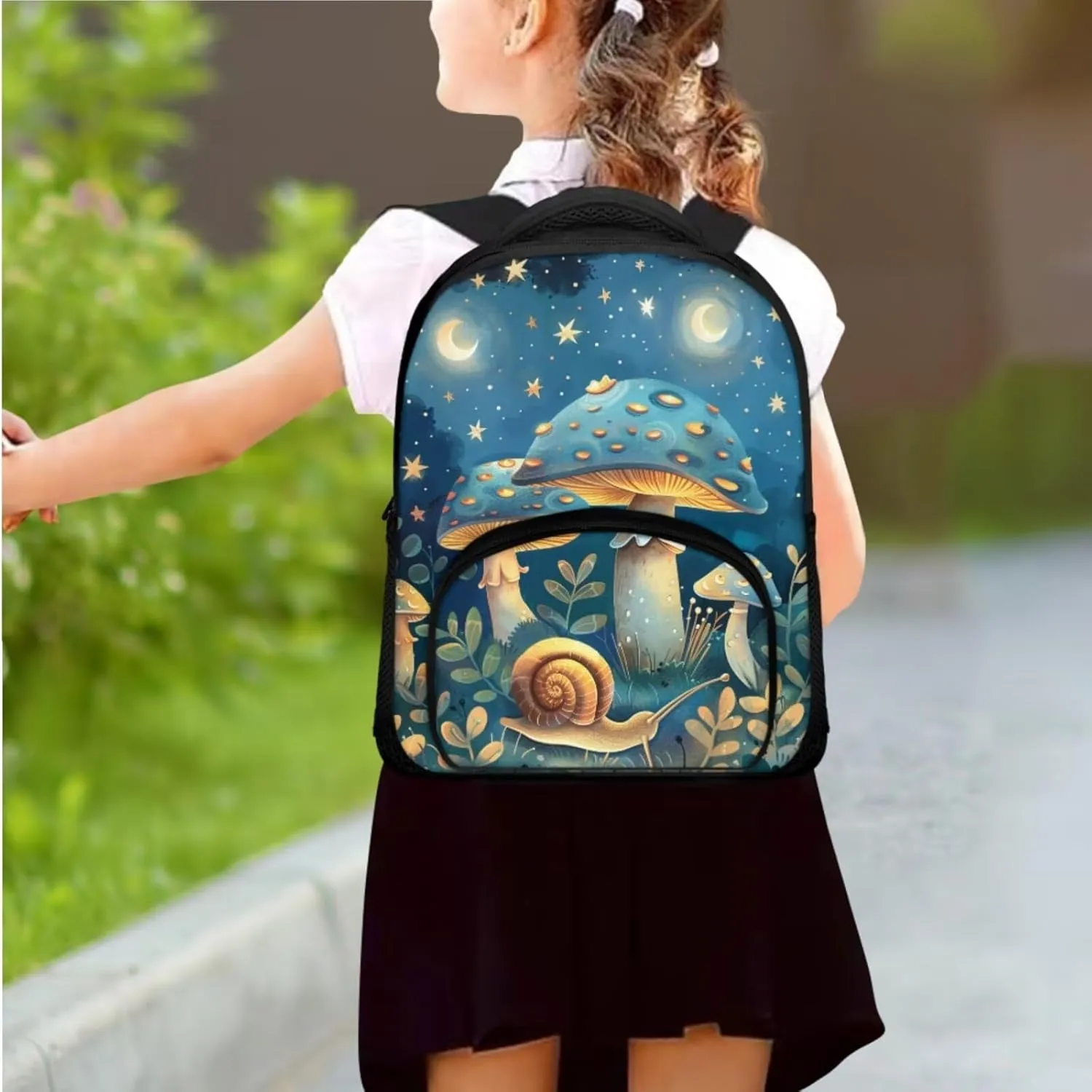 Blue Mushroom Snail Print Backpack Lunchbox Combo toddler 12 Inch Multi-Pockets tote Bag for School Waterproof Keep Warm Lunch Backpack and Pencil Case for Student Picnic Work