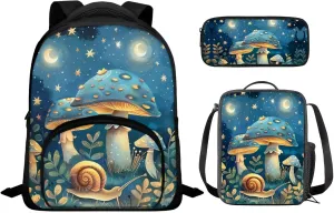Blue Mushroom Snail Print Backpack Lunchbox Combo toddler 12 Inch Multi-Pockets tote Bag for School Waterproof Keep Warm Lunch Backpack and Pencil Case for Student Picnic Work