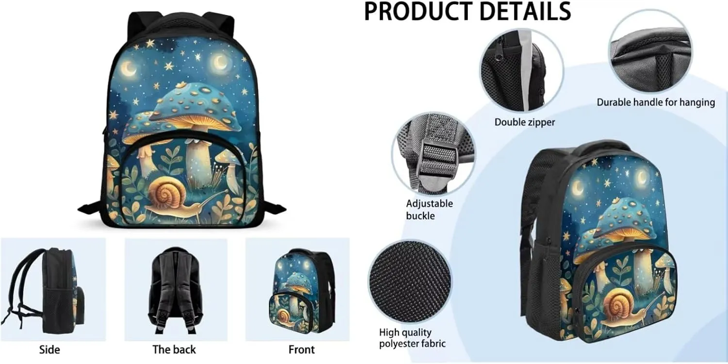 Blue Mushroom Snail Print Backpack Lunchbox Combo toddler 12 Inch Multi-Pockets tote Bag for School Waterproof Keep Warm Lunch Backpack and Pencil Case for Student Picnic Work