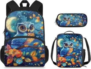 Blue Owl School Backapck for Girls Age 6-12 Lightweight Backpack with Lunch Box and Pencil Case Knapsack Set for Girls and Boys Large Casual School Bag Set for Primary School Students