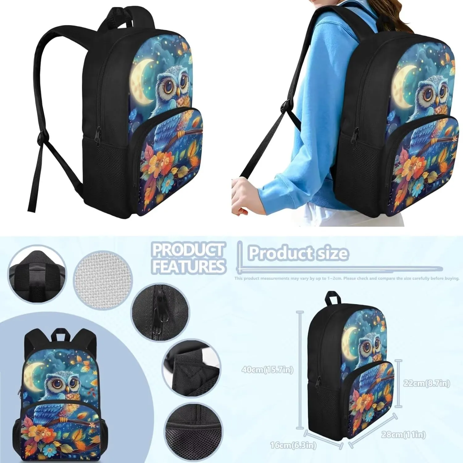 Blue Owl School Backapck for Girls Age 6-12 Lightweight Backpack with Lunch Box and Pencil Case Knapsack Set for Girls and Boys Large Casual School Bag Set for Primary School Students