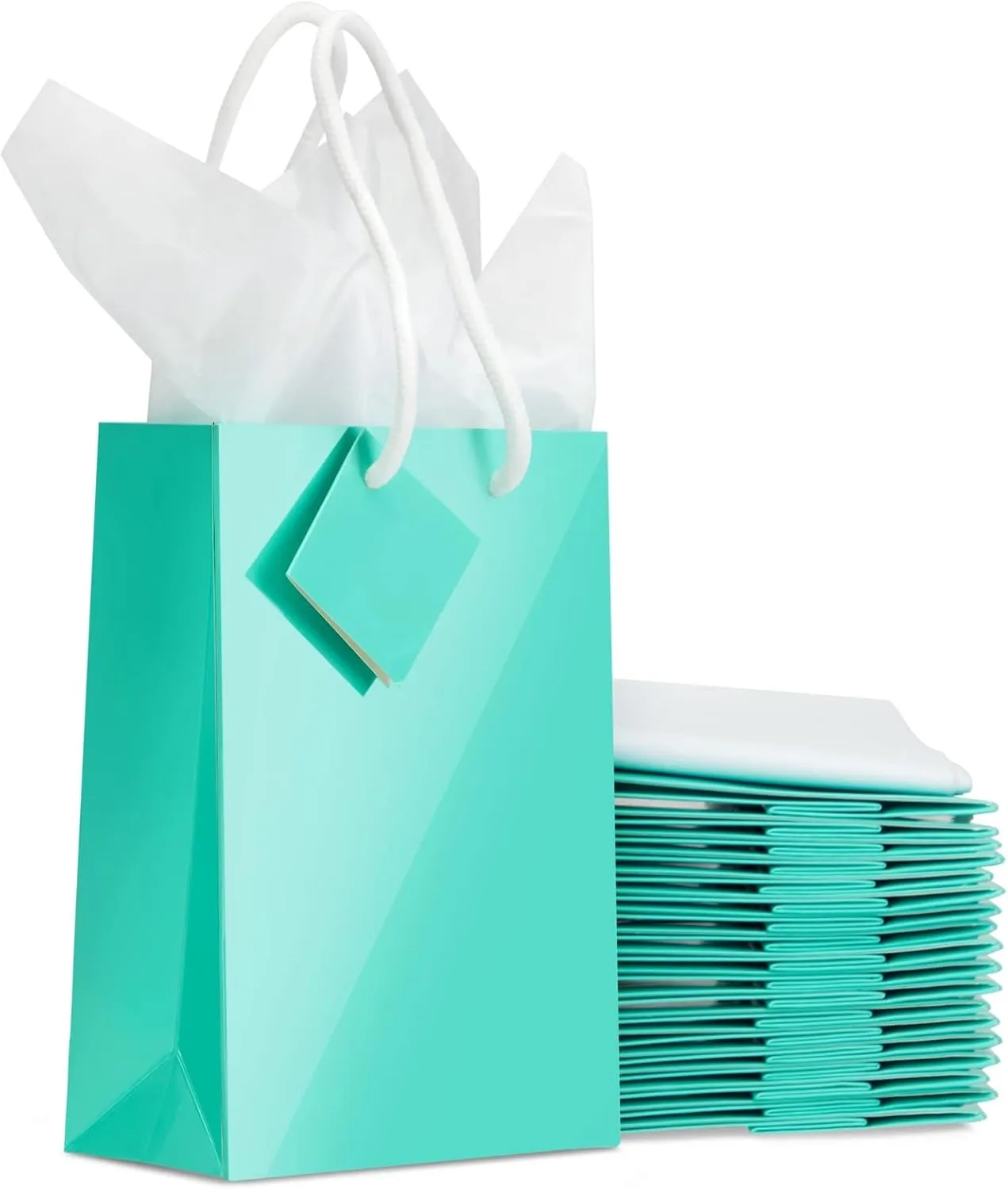 BLUE PANDA 20 Pack Small Teal Present Bags with Handles, Tag, and Tissue Paper Sheets for Baby Shower, Valentines, Birthday, Wedding, Anniversary Party Favors, 7.9x5.5x2.5 in - Birthday Goodie Bags