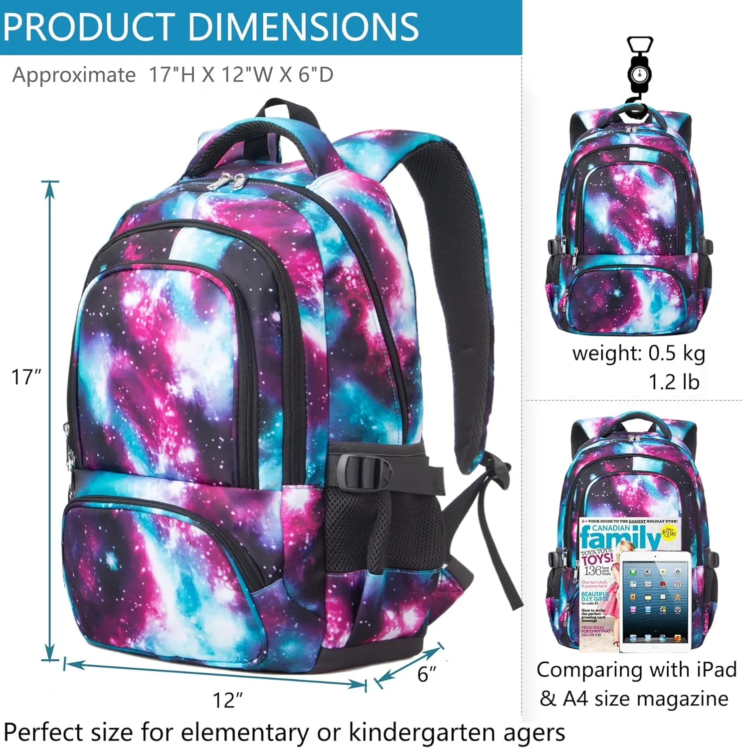 BLUEFAIRY Kids Backpack for Girls Elementary Middle School Bags Primary School Bookbags Child Back to School Gifts with Tablet Sleeve Large Compartment Mochila para Niñas 17" Aged 8-10 Galaxy Purple
