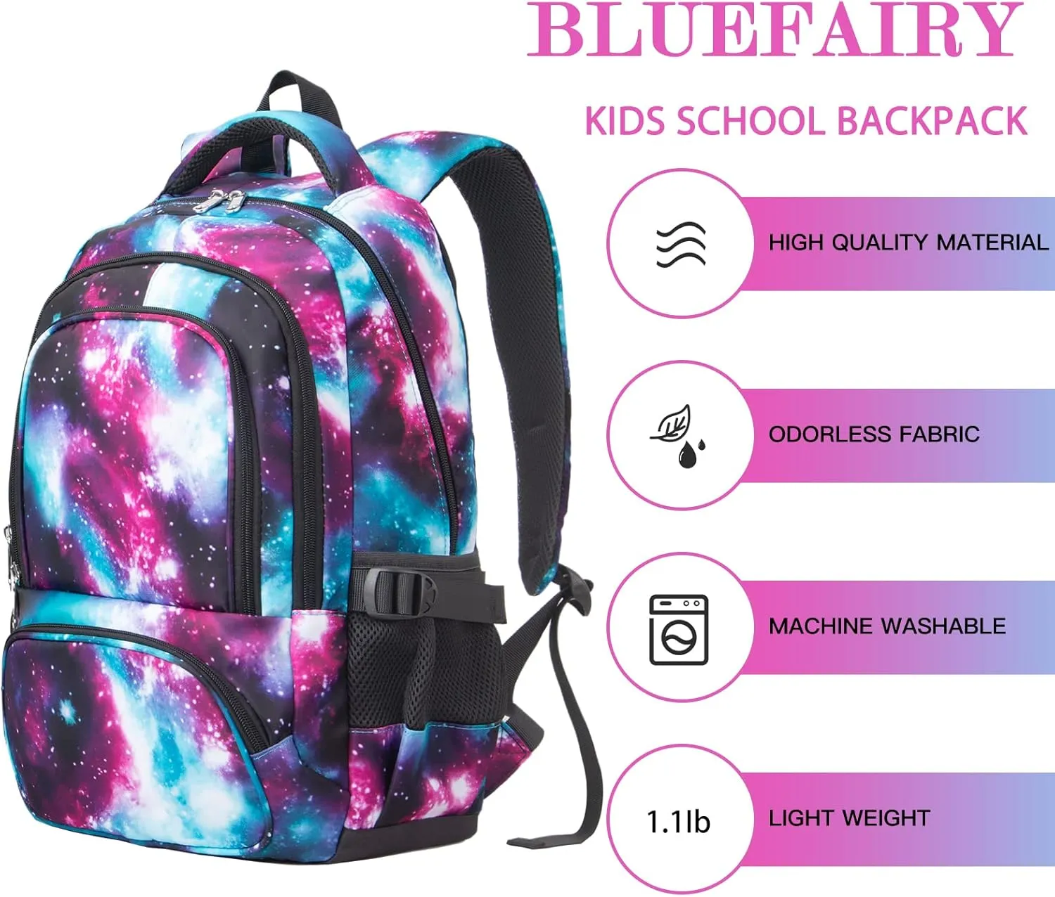 BLUEFAIRY Kids Backpack for Girls Elementary Middle School Bags Primary School Bookbags Child Back to School Gifts with Tablet Sleeve Large Compartment Mochila para Niñas 17" Aged 8-10 Galaxy Purple